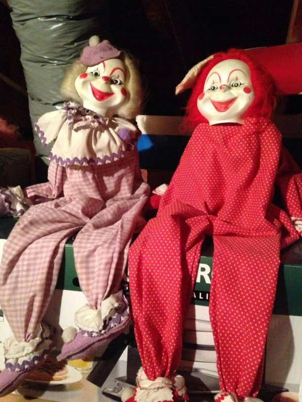 My mom is truly terrified of clowns My dad has been hiding these around our house for  years Latest placement the attic