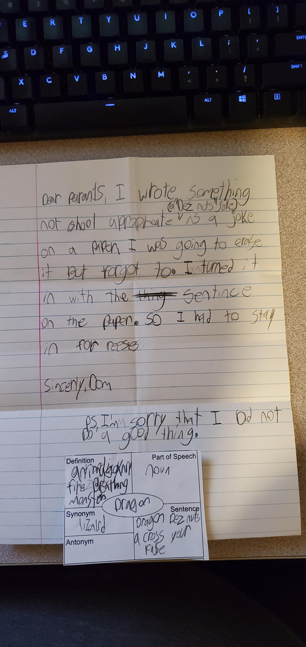 My son got in trouble at school today I more pissed off that his handwriting is still this bad