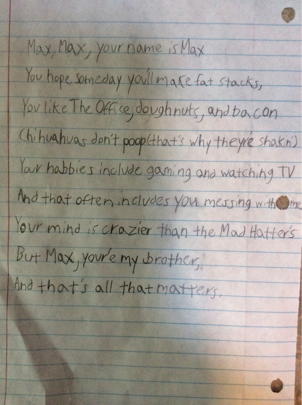My son Jack wrote a poem to his brother Max 