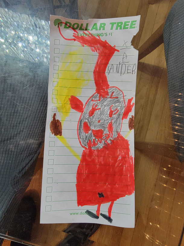 My  year old drew a picture of a demon giving the finger for Santa apparently
