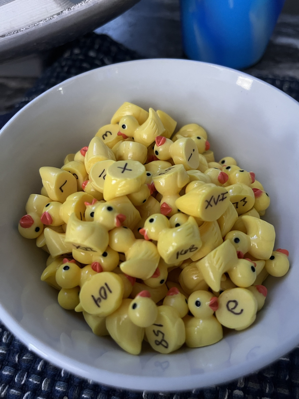 Number and lettering tiny ducks to hide in my friends homes