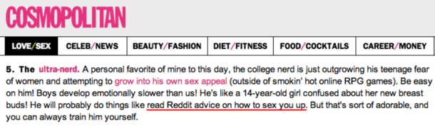 Oh the sweet sweet irony Cosmo criticizing Reddit about giving sex advice