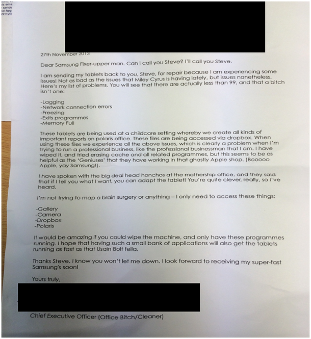 Our customer service department recieved a hilarious letter from a customer today