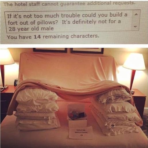 Pic #1 - Ridiculous and hilarious hotel requests fulfilled One way my friend entertains himself while traveling on business