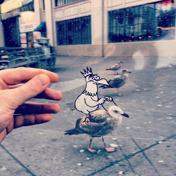 Pic #3 - Illustrator Doodles Cartoons on Transparency Film and Places Them in Real World Scenes