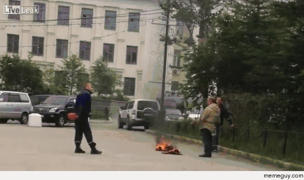 Police in Russia stop a man setting himself on fire in style