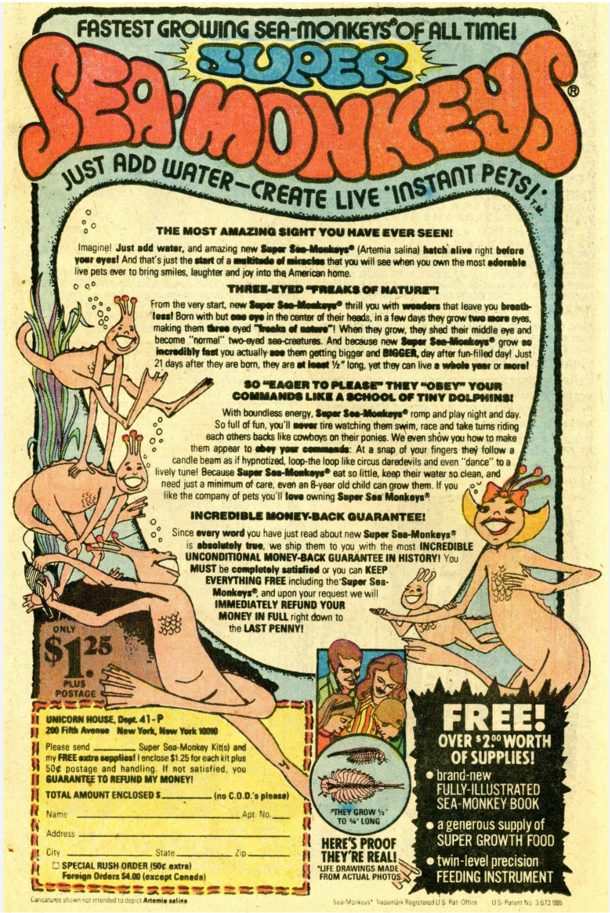Retro Expectation vs Reality Do yall remember seeing this advert waiting weeks to get them and then seeing the actual sea monkeys were just tiny little shrimp that did nothing but float around aimlessly