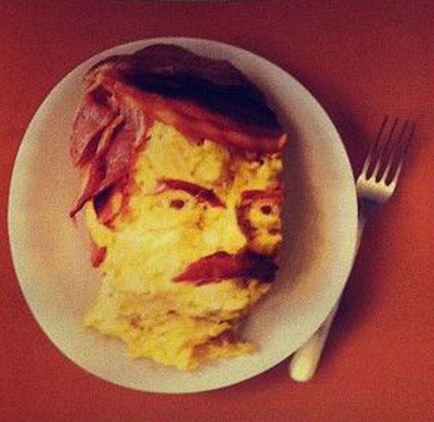 Ron Swansons face made out of bacon and eggs