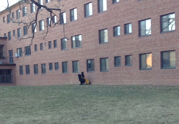 Saw this guy sitting outside the dorms He had set up his TV at the window and was playing video games When I asked him about it he said that it was a nice day and he wanted to get out and enjoy it