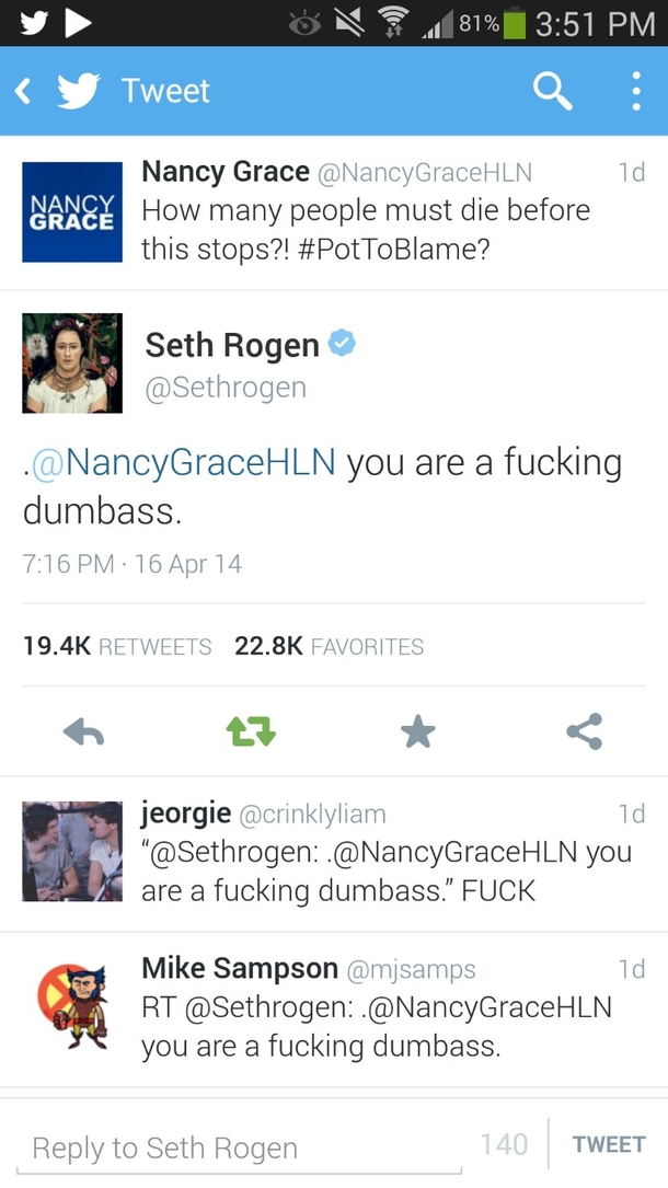 Seth Rogens response to Nancy Grace on twitter Screenshot