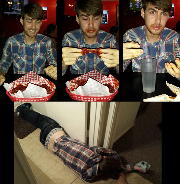 So my friend took the Inferno wing challenge at a local restaurant and sent me before and after pics