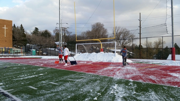 Soccer team didnt help us push the snow off the field This was the result