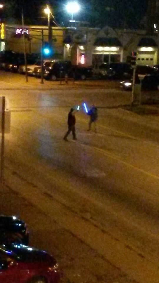 Some people had a light saber fight in the middle of the street