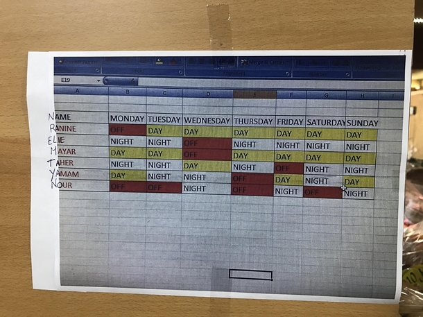Somebody took a picture of an excel sheet schedule and printed that picture