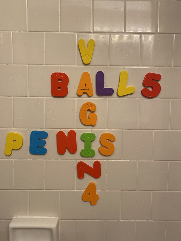 Started spelling words out with the tub toy letters during my kids bath-time My wife was not impressed