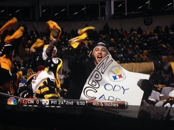Steelers fan pulls out this sign when the camera was on him camera man quickly pulled away haha