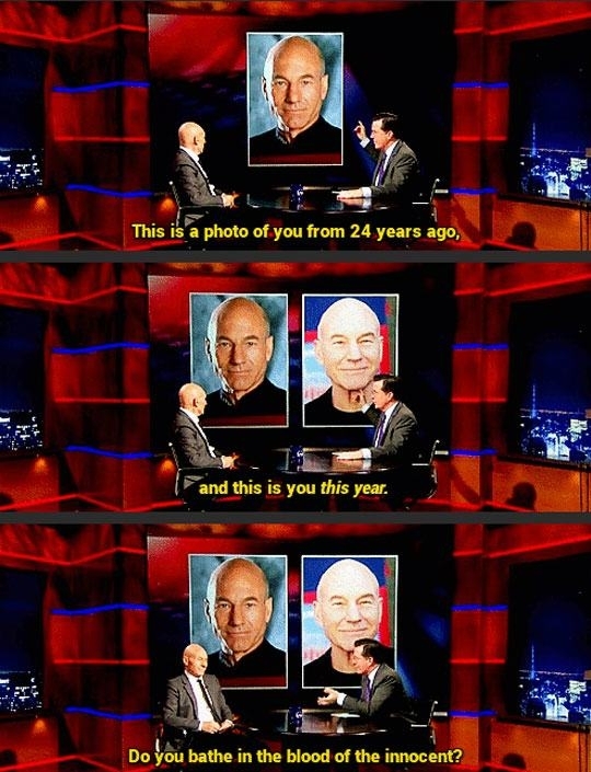 Stephen Colbert attempts to determine Patrick Stewarts secret
