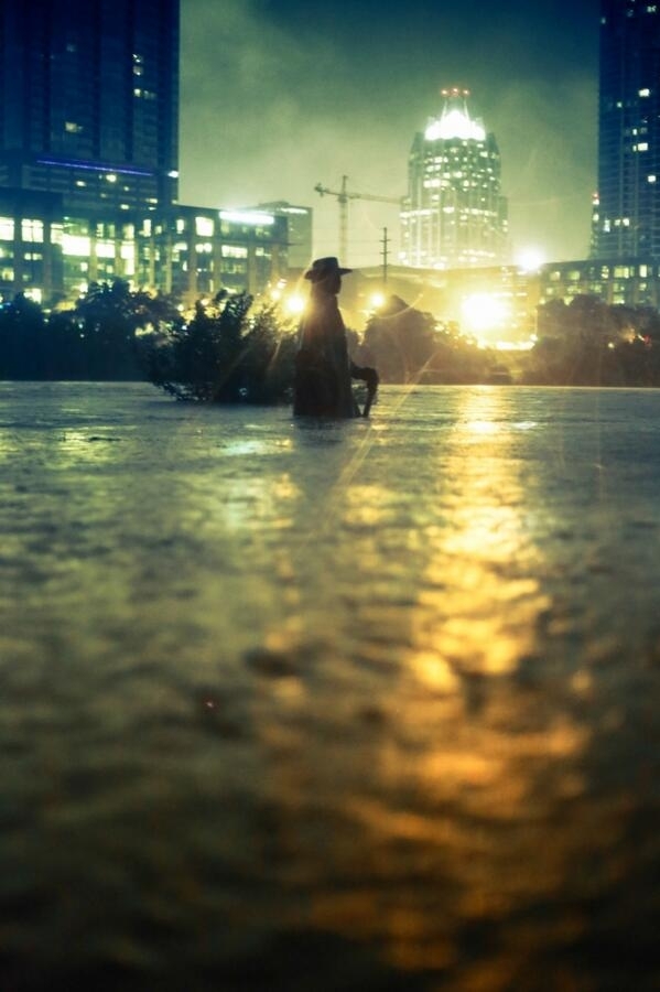 Stevie Ray Vaughan statue in a literal Texas Flood