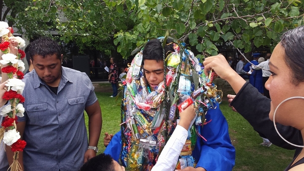 The candy lei tradition got a little out of hand this morning at graduation