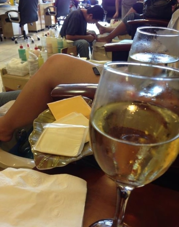 The deluxe pedicure came with wine and cheese