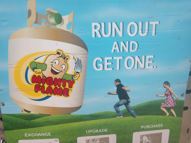 The propane guy seems way too happy to be running with his worst fear in hand