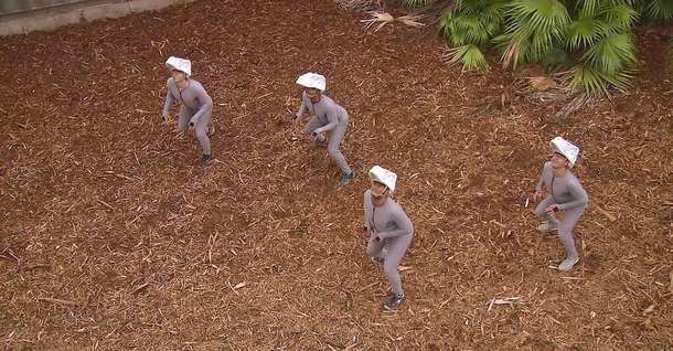 The raptors in Jurassic World during filming