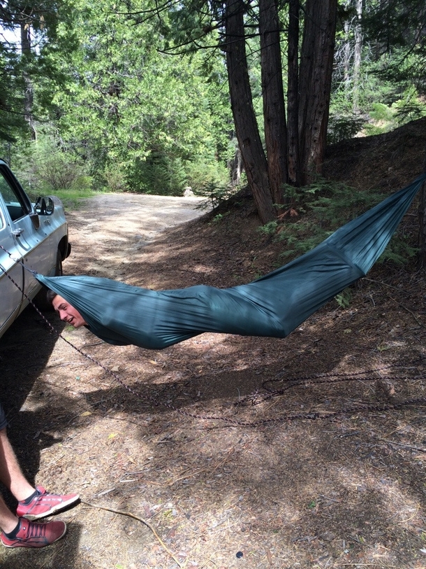 This is my friend using a hammock He called himself the green bean