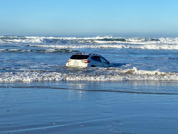 This kid drove his Subaru on the beach today A multi-agency rescue operation ensued when someone saw the vehicle and they found him at his dads house