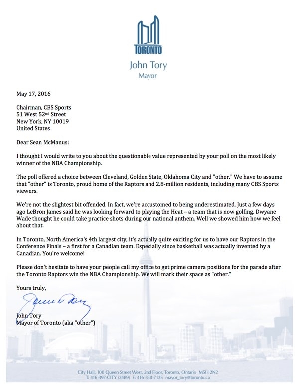 Toronto Mayors response to CBS sports after Torontos basketball team was listed as other