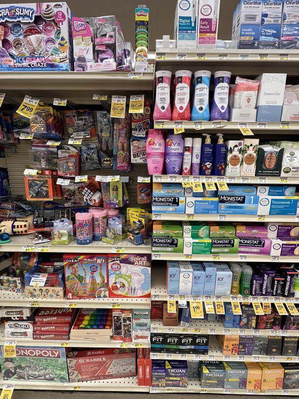 Toy section in Vons directly next to the condoms KY jelly and Vagisil