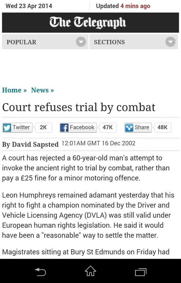 Trial by combat link to story in comments
