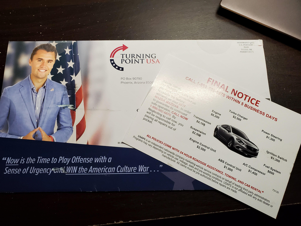 Turning Point USA kindly included a prepaid envelope to receive a final notice for their cars extended warranty Support the USPS
