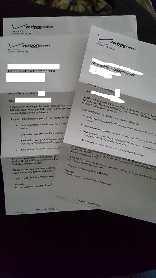 Verizon just sent me three letters thanking me for enrolling in paperless billing and helping save them paper