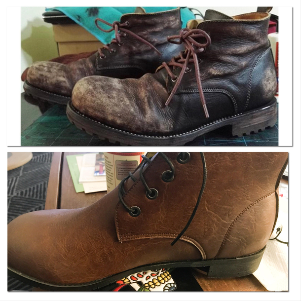 What I was promised What I got Thank you rubymenboutique for selling me handmade leather boots then sending boots that are not distressed not handmade and not leather Then to make things worse the complaint form on the website isnt working and no one is g