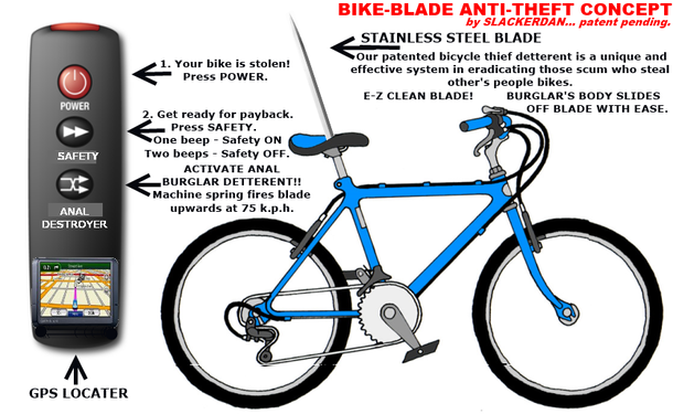 When I showed my friends my bicycle anti-theft deterrent at first they laughed This invention is also dedicated to every redditor who has had their bicycle stolen