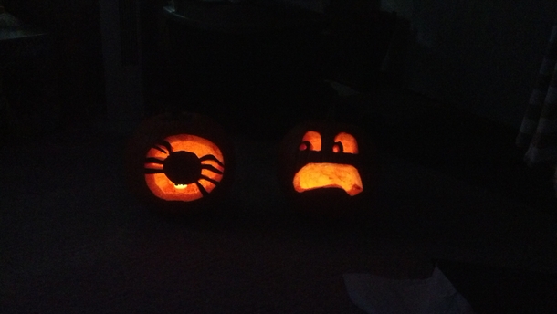 Wife and I carved pumpkins She made a spider I made mine afraid of spiders