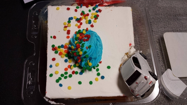 Wife got her car stuck in a snow bank so I got her a piece of cake to make her feel better