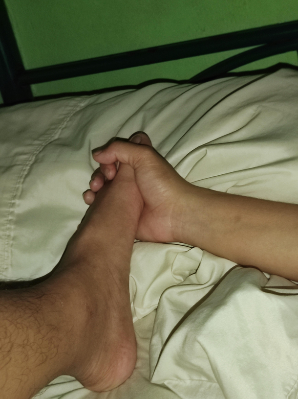 Wife has a habit of holding my hand when shes asleep I rotated to the other end of the bed so I can watch anime on my phone and not wake her up and this is what happened last night