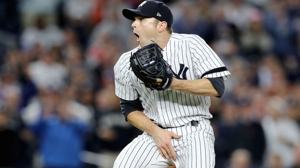 Yankees pitcher David Robertson after his catcher takes a ball to the groin