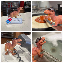 A child left their toy Bitey at a local pizza shop So they put him to work before he was collected the next day