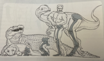 A crocodile and a dinosaur ogle a buff human guy while a prehistoric amphibian gives them side-eye