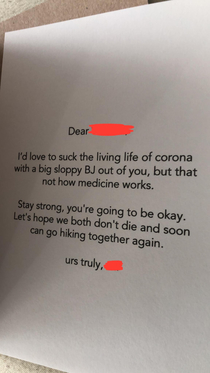 A friend of mine is in quarantine due to covid and just got this with some flowers from one of his tinder dates