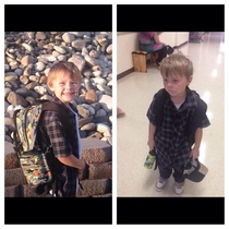 A picture of my friends little cousin before and after his first day of kindergarten Broken