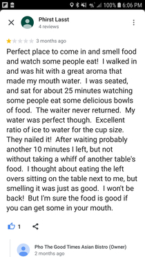 A review for a pho restaurant with perfect water