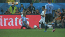 Alvaro Pereira knocked out unconscious after a knee to the head from Raheem Sterling Still gets up and finished the game A gif i made showing it all