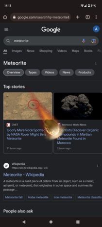 An Easter egg shows up when googling Meteorite