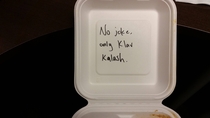 Asked the guy at the Persian restaurant for a joke on my leftovers box