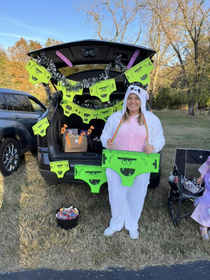 Asked this lady at my sons elementary school Trunk-or-Treat if it was for incontinence awareness Apparently its from a childrens book Not my proudest moment