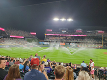 At the Rockies-Marlins game during the transition the sprinklers came on while the players were on the field