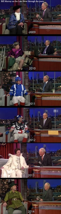 Bill Murray over the years appearing as a guest on Letterman